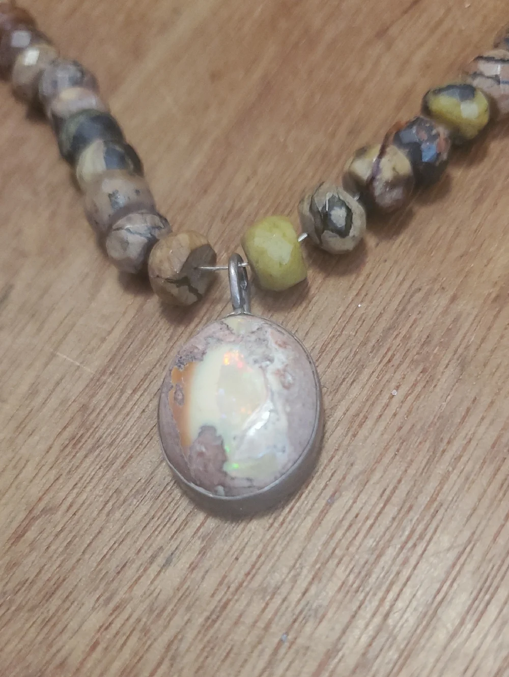 Beaded Opal Pendant Necklace in Neutral Tones - D